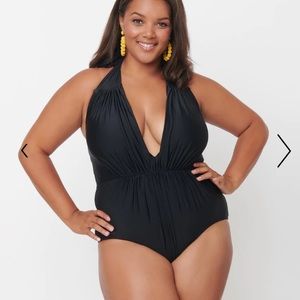 Unique Vintage Plus Size Black Halter Shirred Derek One Piece Swimsuit, 1X